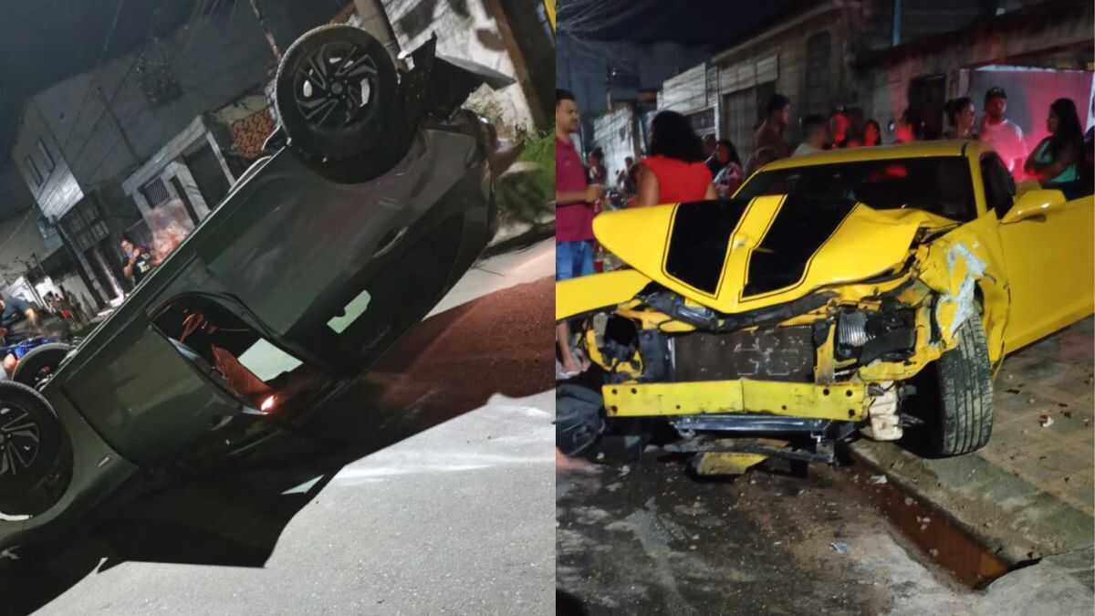 Acidente com Camaro deixa dois carros capotados em São Vicente