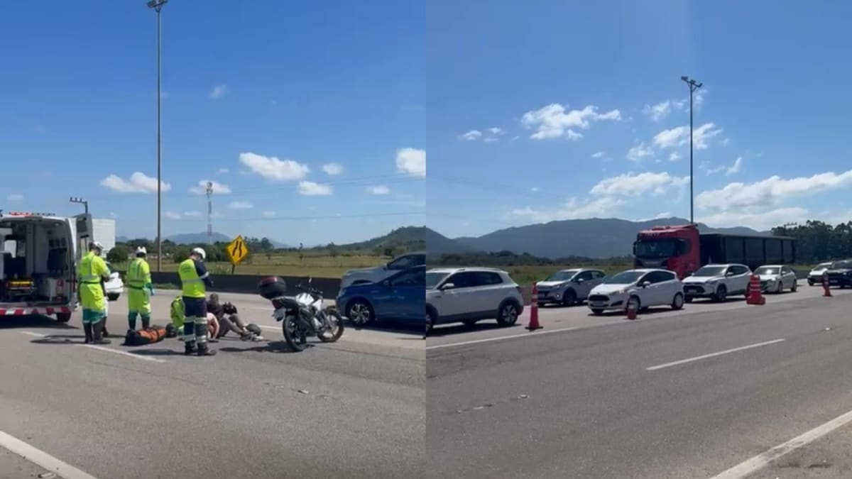 Acidente com moto deixa casal ferido e provoca lentidão na BR-101 em Porto Belo