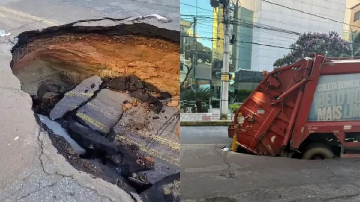 Caminhão da SLU cai em afundamento e bloqueia rua na Cidade Nova, BH