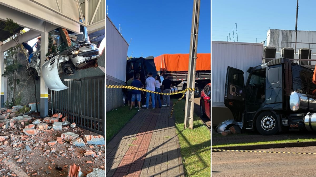 Carreta perde freio, desce ladeira e esmaga carro contra parede em Chapecó