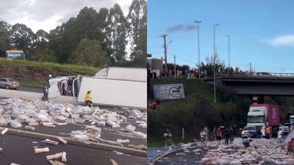 Carreta com carne congelada tomba na BR-282 em Xanxerê e carga é saqueada