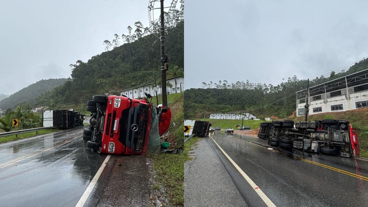 Motorista fica ferido após acidente entre caminhões no Vale do Itajaí
