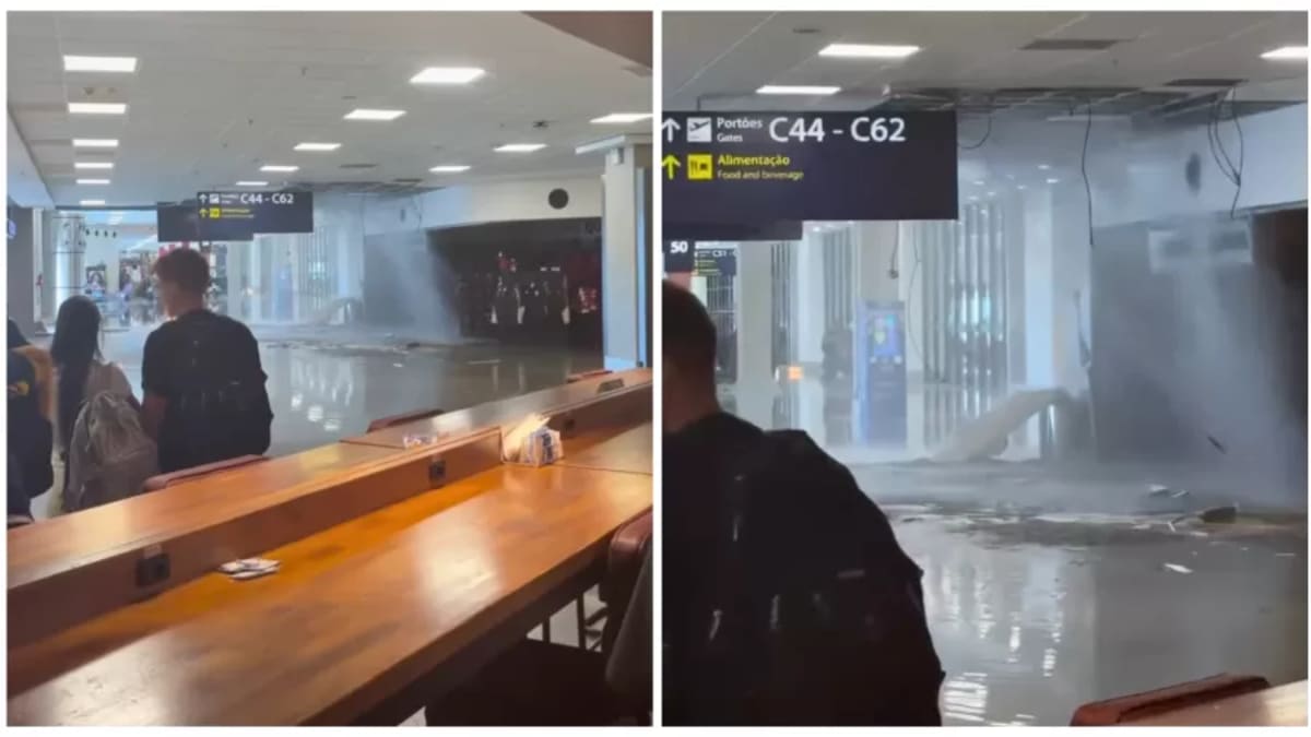 Rompimento de encanamento causa alagamento no embarque internacional do Aeroporto do Galeão