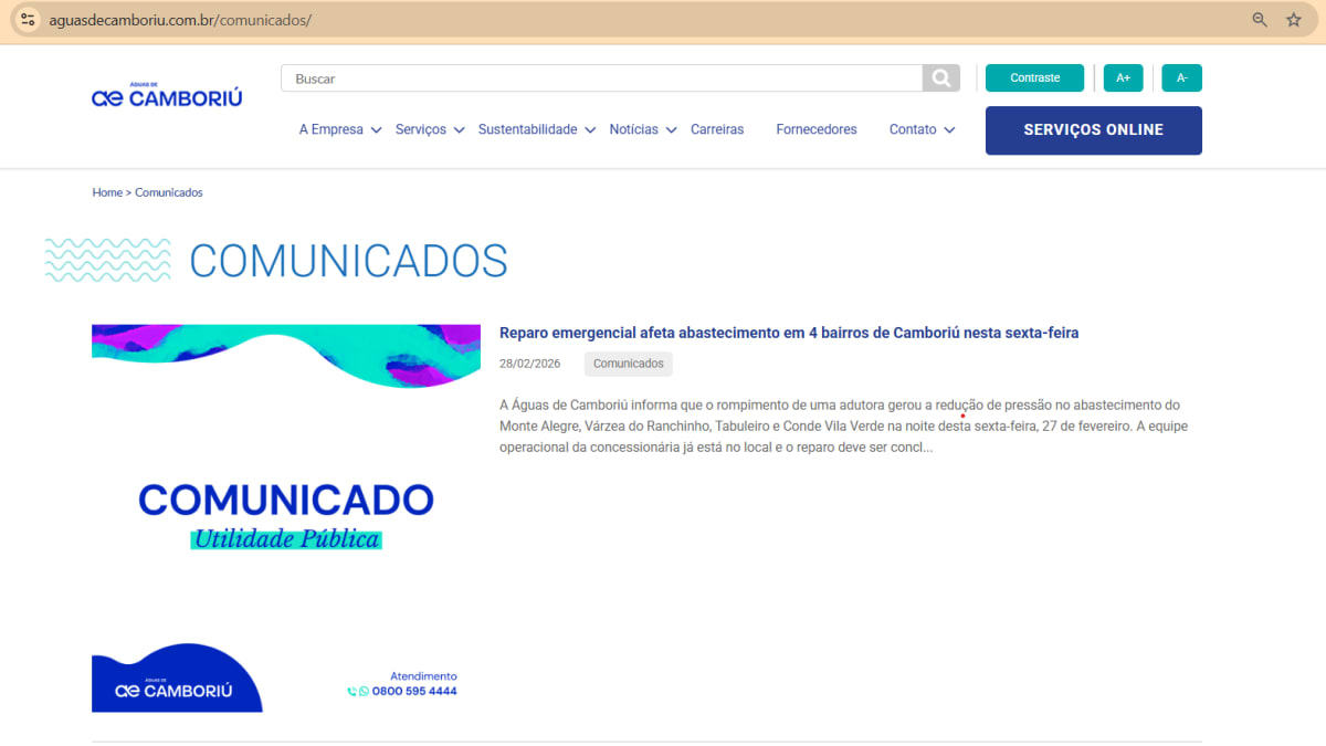 Águas de Camboriú orienta população sobre interrupções no abastecimento de água