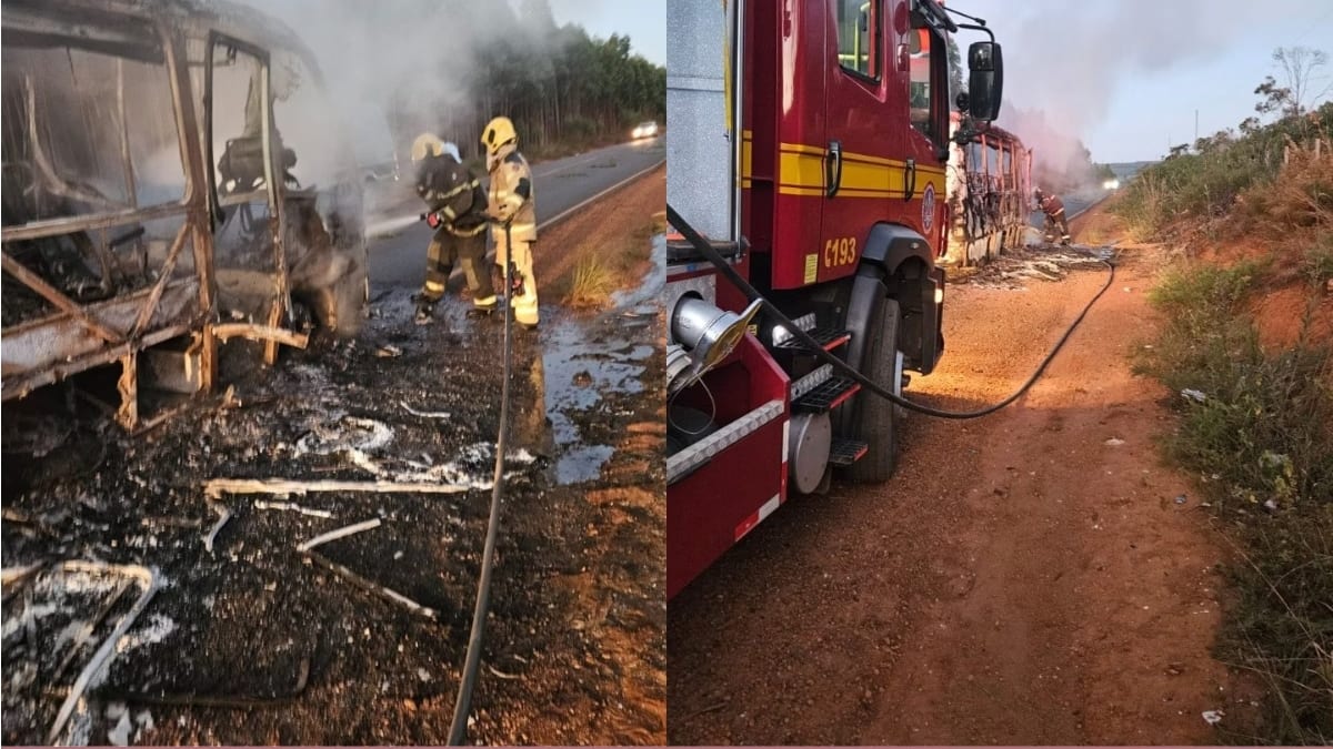 Micro-ônibus de time amador pega fogo na MG-214 e passageiros escapam sem ferimentos