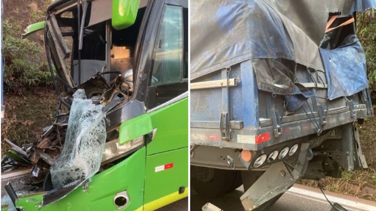 Quatro ficam feridos em colisão entre ônibus e carreta na BR-356 em Itabirito