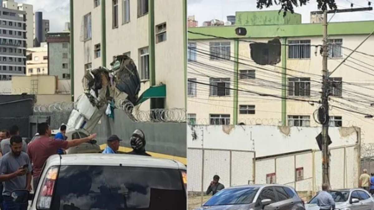 Avião de pequeno porte cai e bate em prédio no bairro Silveira, em Belo Horizonte