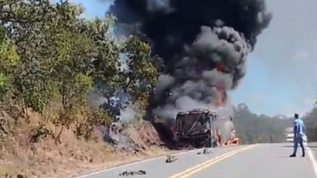 Micro-ônibus escolar é destruído por incêndio na MGC-259 em Curvelo