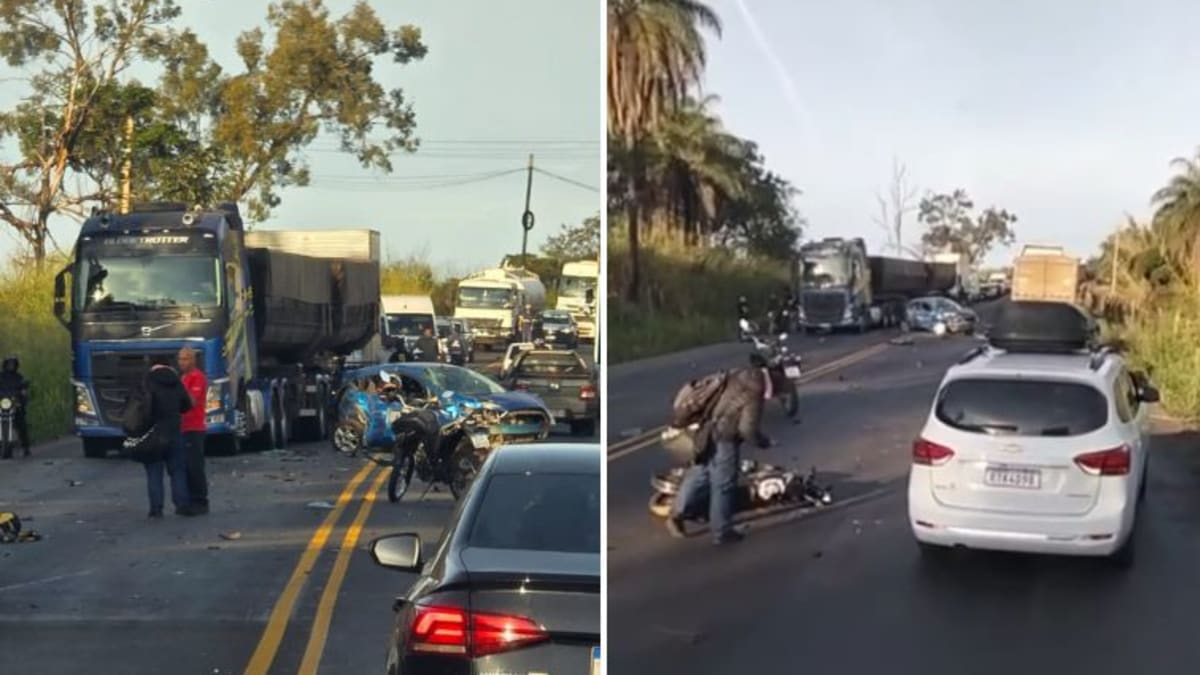Motociclista fica gravemente ferido em acidente com carro e caminhão na BR-381 em Ravena