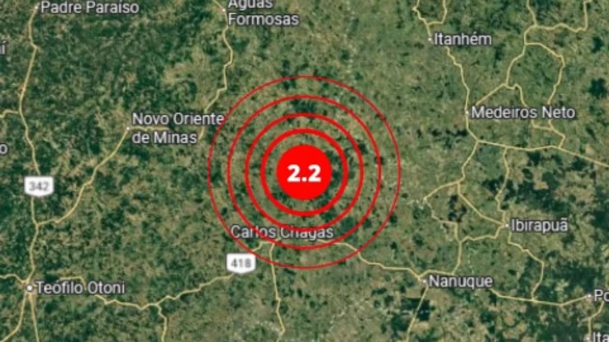 Tremor de magnitude 2,2 é registrado próximo a Carlos Chagas, no Vale do Mucuri