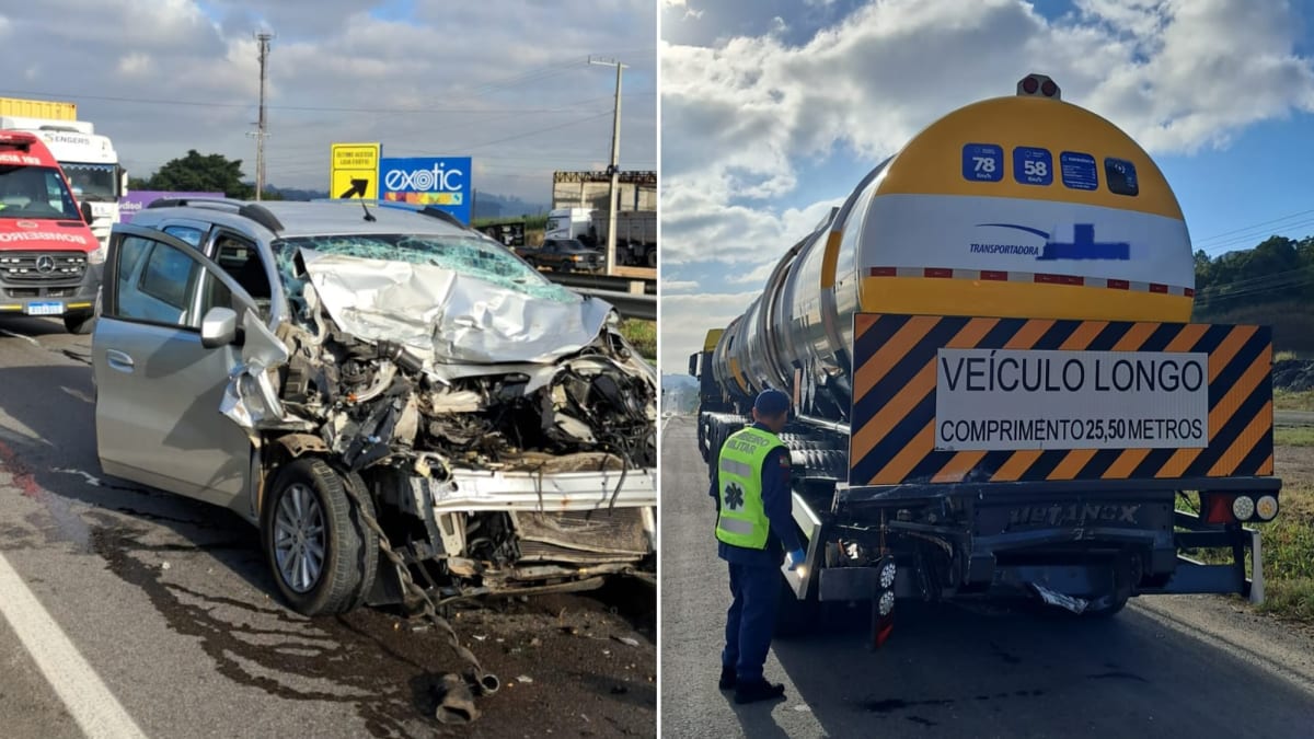 Acidente entre carro e caminhão-tanque deixa homem ferido na BR-101 em Maracajá