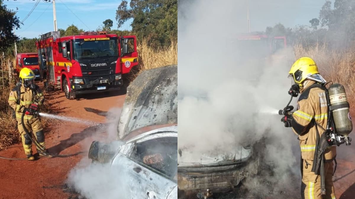 Bombeiros combatem incêndio em veículo na zona rural de Ituiutaba