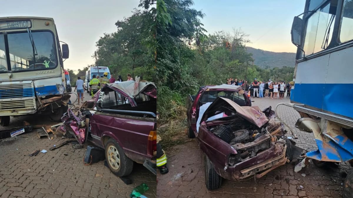 Idosa morre e homem fica gravemente ferido em colisão entre carro e ônibus em São Thomé das Letras