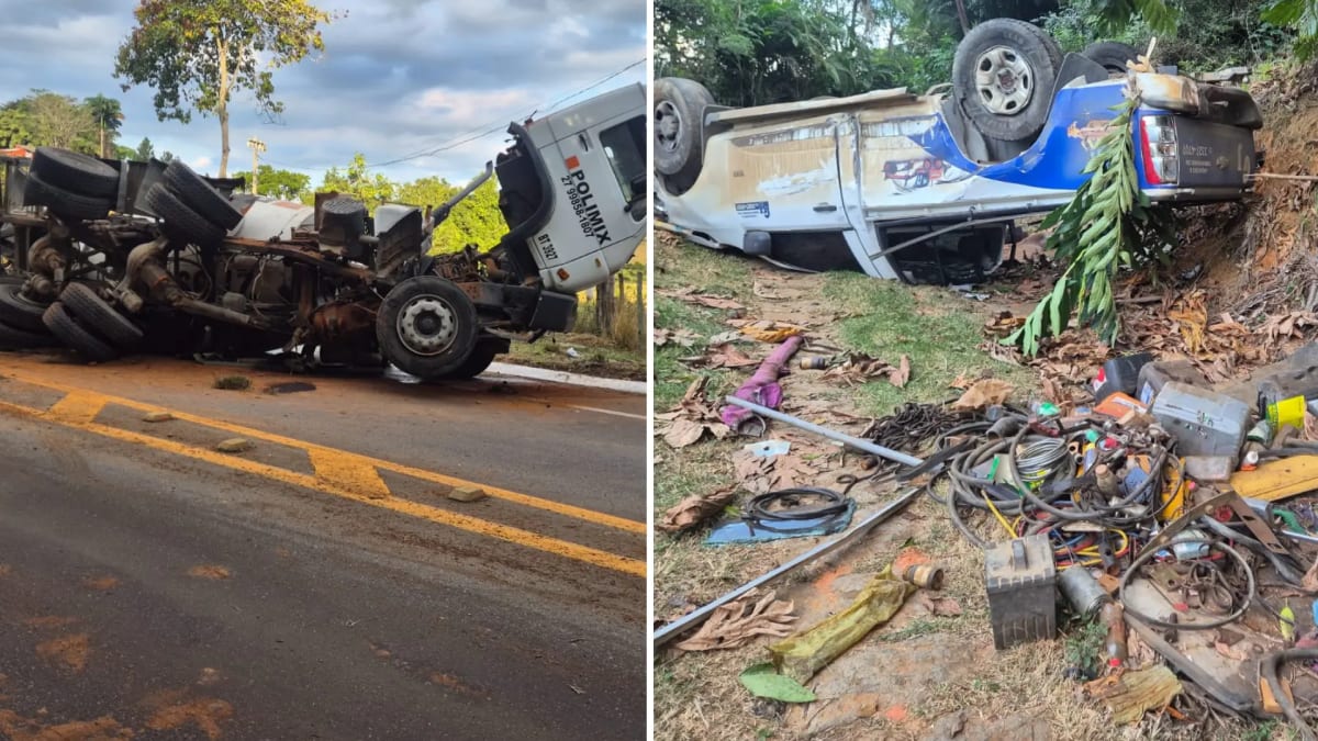 Colisão entre caminhão e caminhonete mobiliza Corpo de Bombeiros na rodovia ES-257, em Aracruz