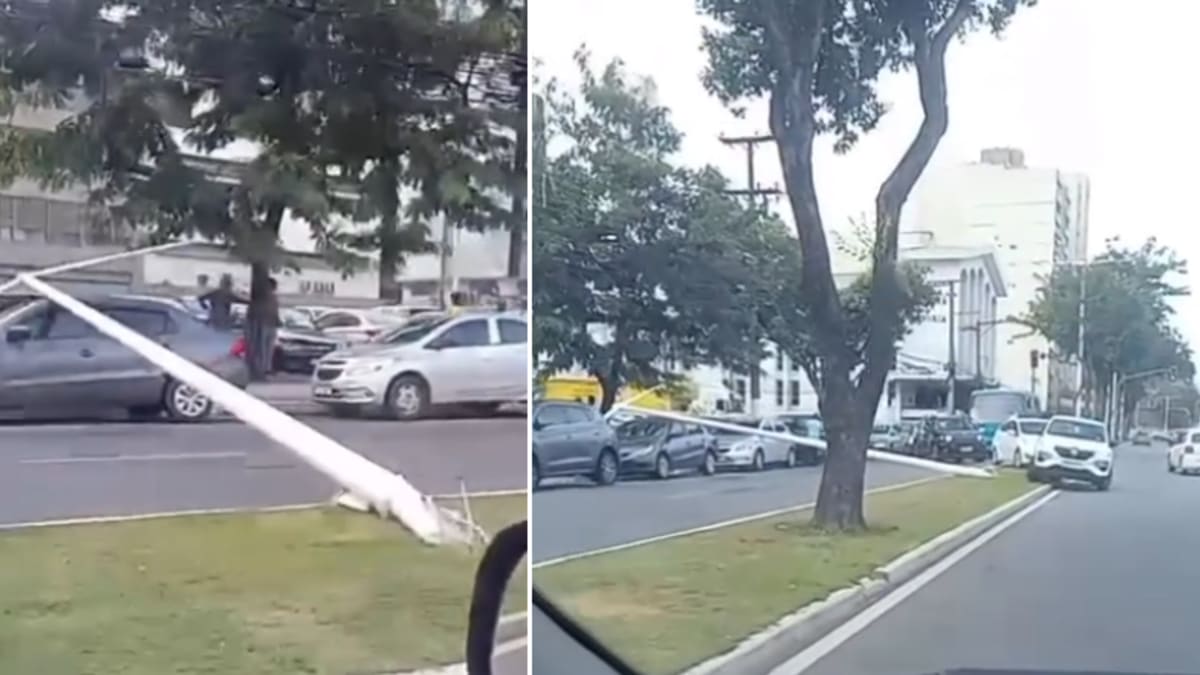 Carro bate e derruba poste em cima de outro veículo no Centro de Vitória