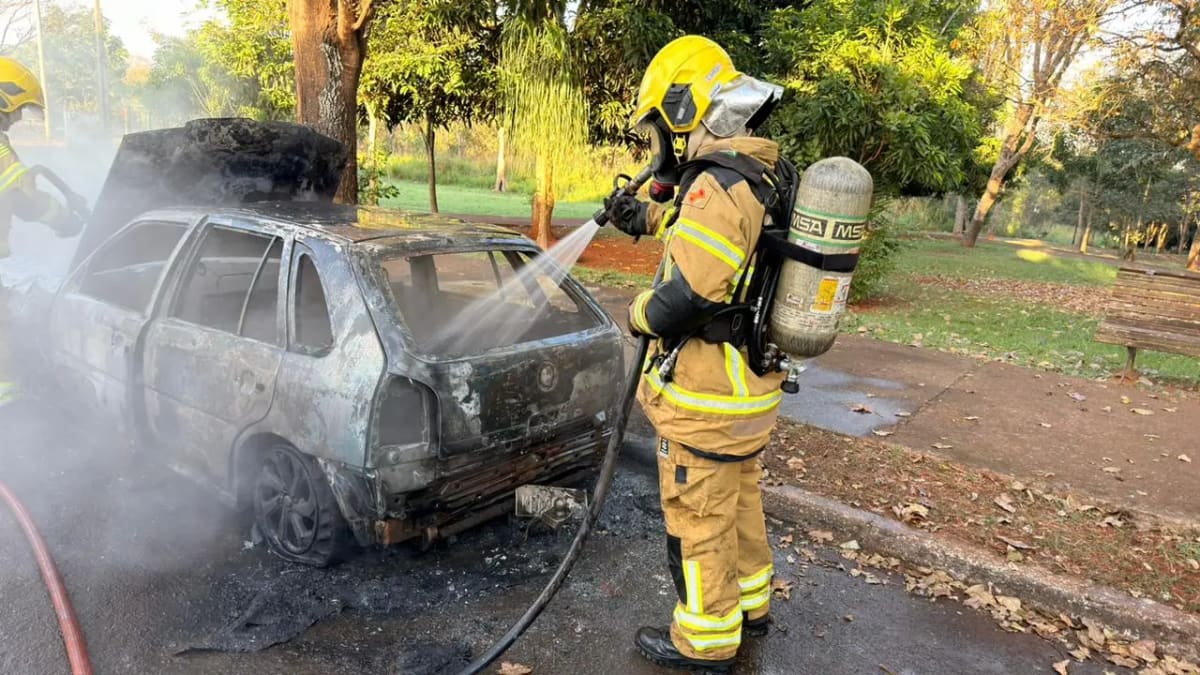 Carro é destruído por incêndio em Jataí, no setor Cohacol V