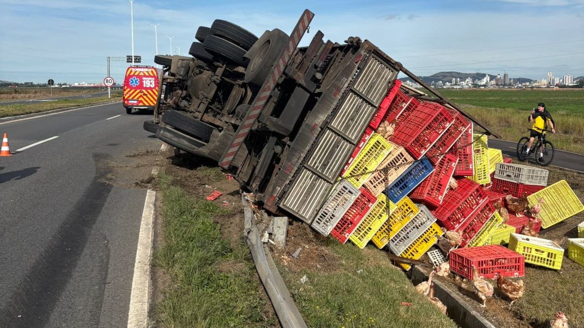 Caminhão carregado com frangos tomba e deixa dois feridos em Tubarão