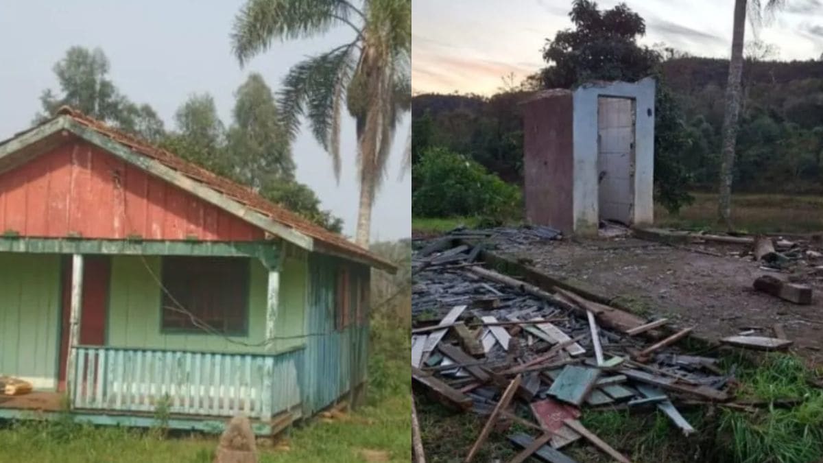 Casa é destruída e apenas banheiro de alvenaria permanece em comunidade de Porto União