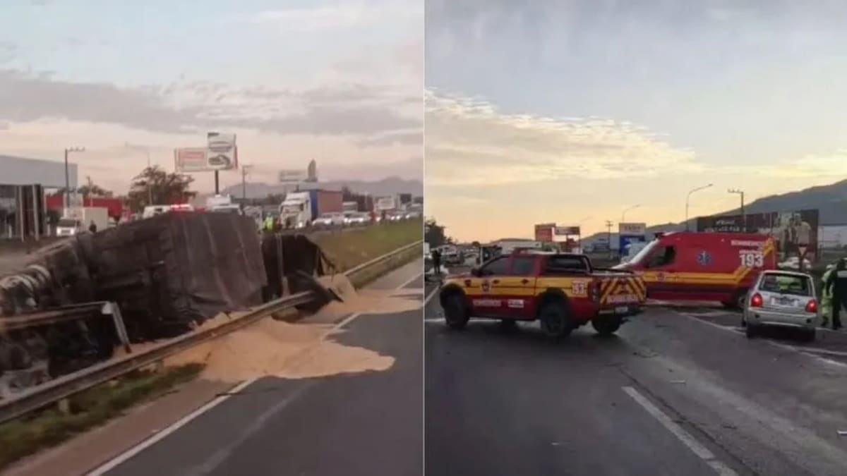 Acidente entre caminhões e carros interdita BR-101 em Tijucas