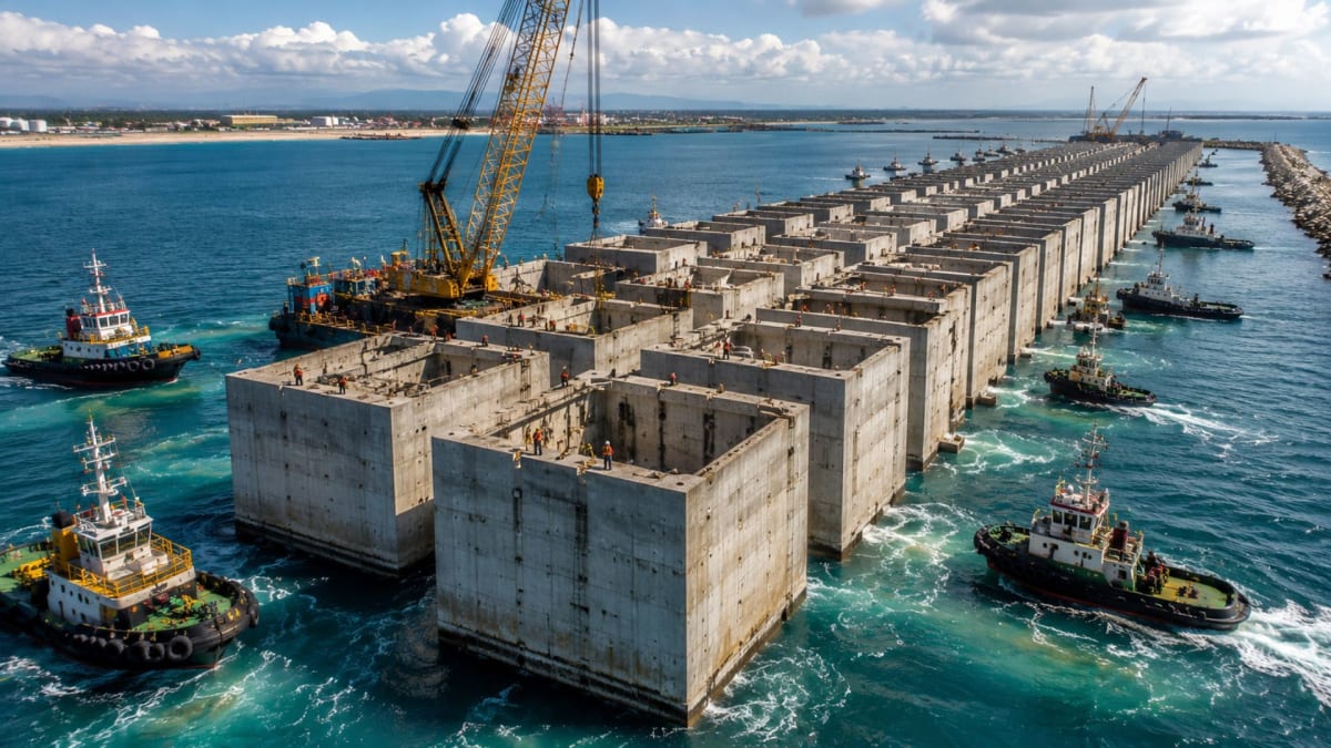 Porto do Açu utiliza caixões de concreto para formar barreira marítima no Atlântico