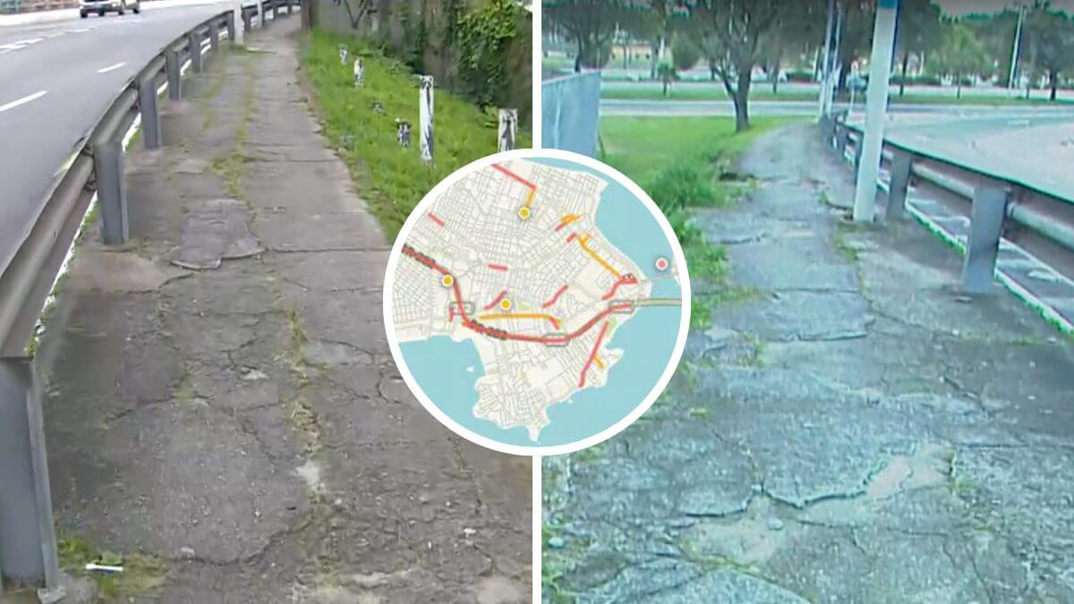 Calçada esburacada e com desníveis oferece risco a pedestres entre Capoeiras e Coqueiros em Florianópolis
