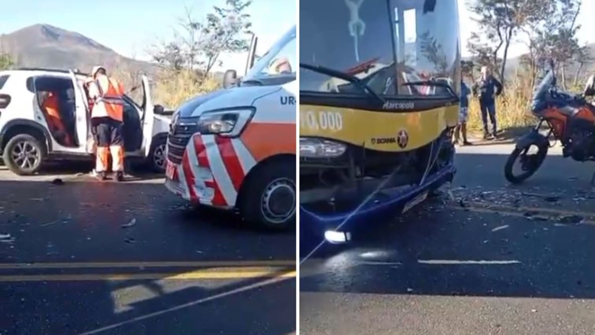 Acidente entre ônibus e carro interdita BR-381 em Sabará e deixa duas pessoas gravemente feridas
