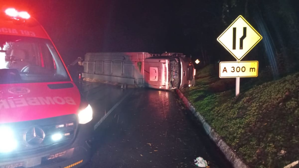 Caminhão carregado com ração tomba na BR-282 em Pinhalzinho