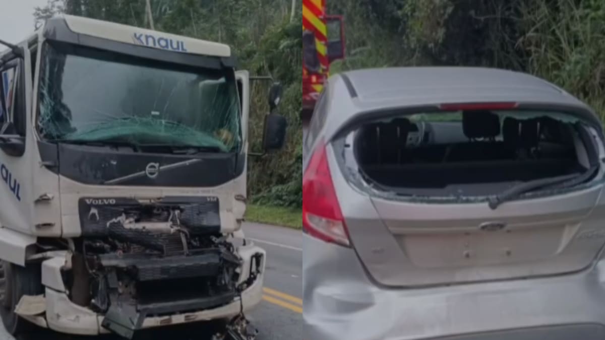 Engavetamento com caminhões, carro e motocicleta bloqueia pista no sentido Blumenau e causa congestionamento de seis quilômetros