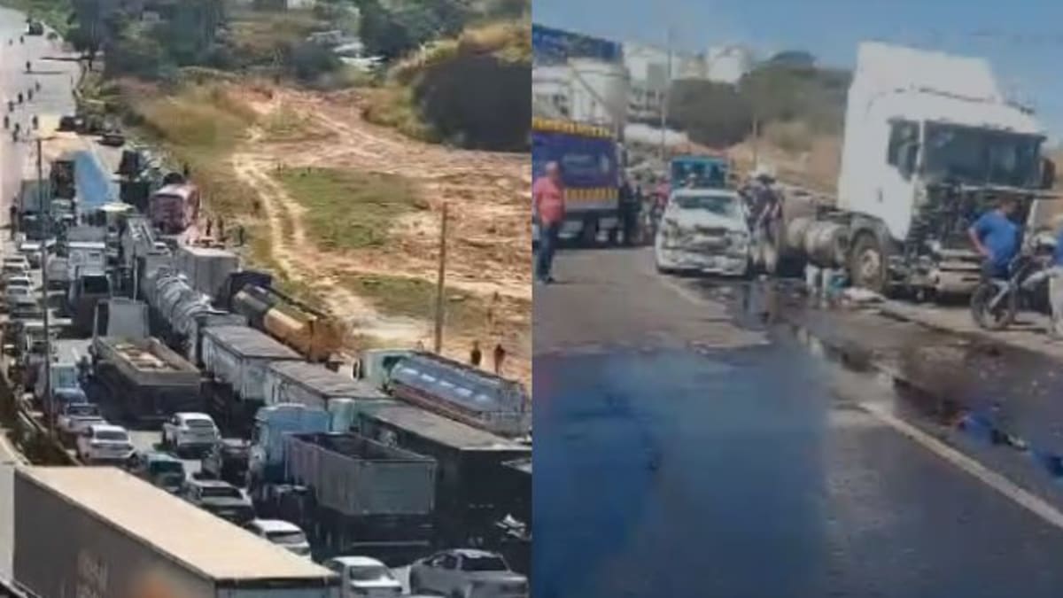 Engavetamento com caminhão e seis carros bloqueia BR-381 em Betim e causa congestionamento na região