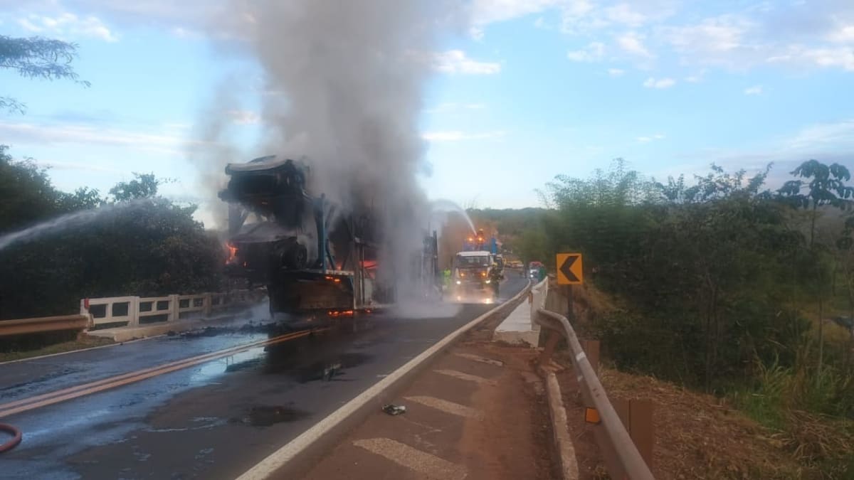 Carreta-cegonha com veículos elétricos pega fogo na BR-364 em Goiás