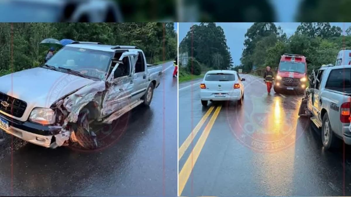 Colisão lateral entre caminhonete e caminhão na RSC-453 em Boa Vista do Sul causa apenas danos materiais