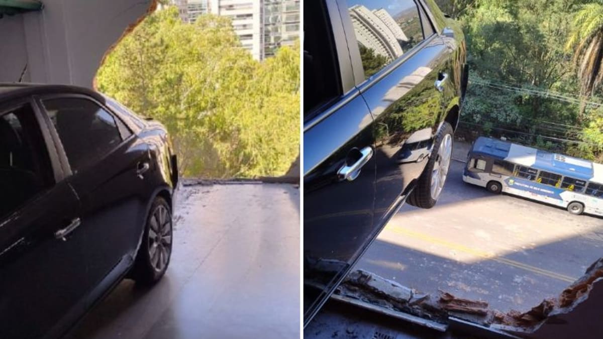 Motorista sofre mal súbito e carro fica pendurado em estacionamento de condomínio em Nova Lima