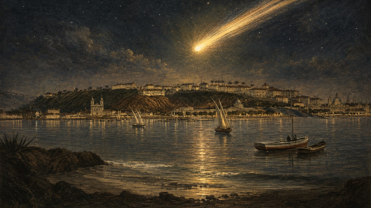 Litografia colorida do Rio de Janeiro imperial vista da Baía de Guanabara